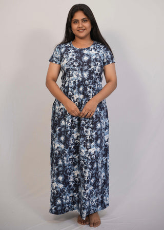 BLUE BLACK TIE & DYE | NON-FEEDING MAXI – SHORT SLEEVES | ANKLE LENGTH MAXI