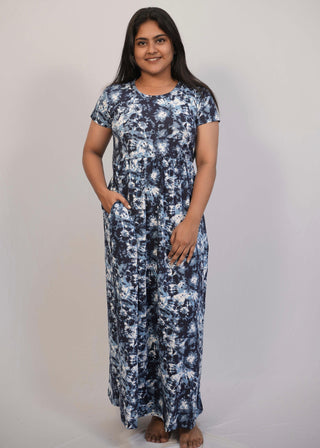 BLUE BLACK TIE & DYE | NON-FEEDING MAXI – SHORT SLEEVES | ANKLE LENGTH MAXI