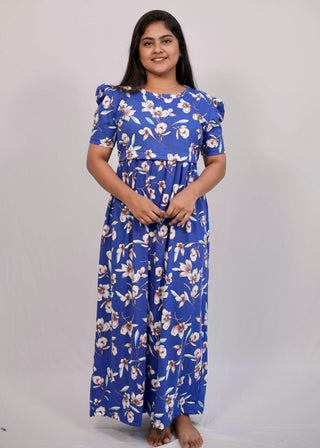 BLUE WHITE FLORAL | ZIPLESS MATERNITY MAXI-PUFF SLEEVES | FULL LENGTH MAXI