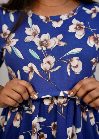 BLUE WHITE FLORAL | ZIPLESS MATERNITY MAXI-PUFF SLEEVES | FULL LENGTH MAXI