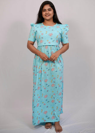 SEA GREEN OCTOPUS | ZIPLESS MATERNITY MAXI-PUFF SLEEVES | FULL LENGTH MAXI