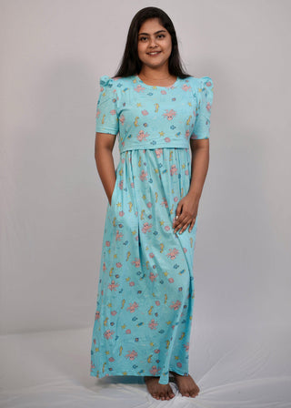 SEA GREEN OCTOPUS | ZIPLESS MATERNITY MAXI-PUFF SLEEVES | FULL LENGTH MAXI