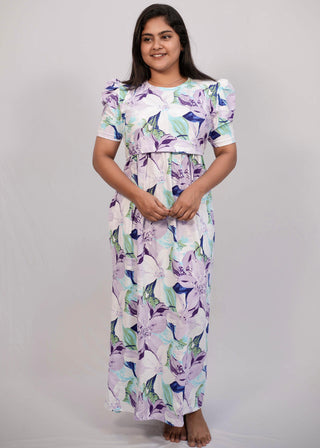 VIOLET FLORAL | ZIPLESS MATERNITY MAXI-PUFF SLEEVES | FULL LENGTH MAXI