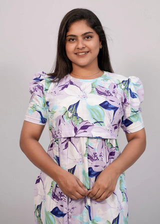 VIOLET FLORAL | ZIPLESS MATERNITY MAXI-PUFF SLEEVES | FULL LENGTH MAXI