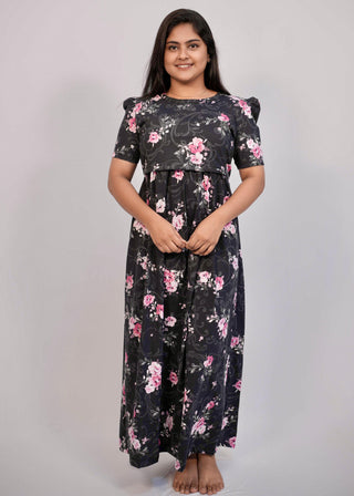 BLACK GAZANIA | ZIPLESS MATERNITY MAXI-PUFF SLEEVES | FULL LENGTH MAXI