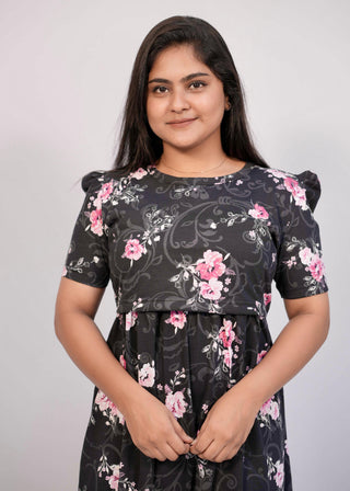 BLACK GAZANIA | ZIPLESS MATERNITY MAXI-PUFF SLEEVES | FULL LENGTH MAXI