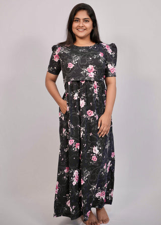 BLACK GAZANIA | ZIPLESS MATERNITY MAXI-PUFF SLEEVES | FULL LENGTH MAXI
