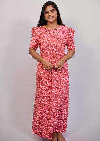 PINK HEARTS | ZIPLESS MATERNITY MAXI-PUFF SLEEVES | FULL LENGTH MAXI