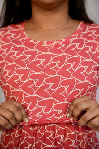 PINK HEARTS | ZIPLESS MATERNITY MAXI-PUFF SLEEVES | FULL LENGTH MAXI