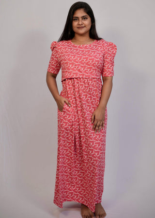 PINK HEARTS | ZIPLESS MATERNITY MAXI-PUFF SLEEVES | FULL LENGTH MAXI