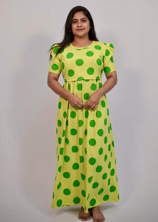 GREEN POLKA DOTS | ZIPLESS MATERNITY MAXI-PUFF SLEEVES | FULL LENGTH MAXI