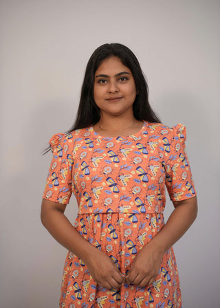 ORANGE BUTTERFLY | ZIPLESS MATERNITY MAXI-PUFF SLEEVES | FULL LENGTH MAXI