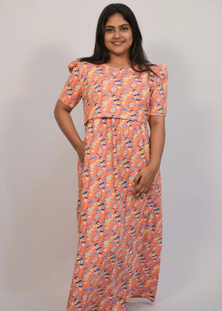 ORANGE BUTTERFLY | ZIPLESS MATERNITY MAXI-PUFF SLEEVES | FULL LENGTH MAXI
