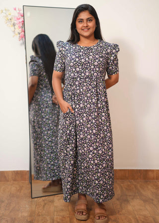 BLUE MULTI FLORAL | ZIPLESS MATERNITY MAXI-PUFF SLEEVES | FULL LENGTH MAXI