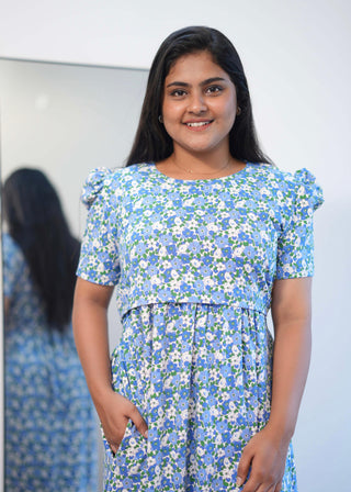 WHITE BLUE FLORAL | ZIPLESS MATERNITY MAXI-PUFF SLEEVES | FULL LENGTH MAXI