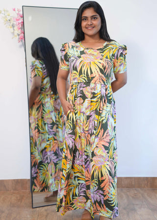 SUNSET PALMS | ZIPLESS MATERNITY MAXI-PUFF SLEEVES | FULL LENGTH MAXI