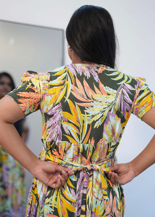 SUNSET PALMS | ZIPLESS MATERNITY MAXI-PUFF SLEEVES | FULL LENGTH MAXI