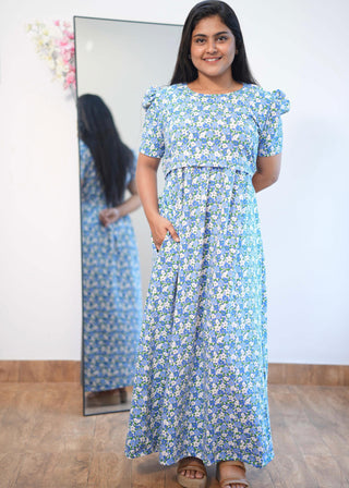 WHITE BLUE FLORAL | ZIPLESS MATERNITY MAXI-PUFF SLEEVES | FULL LENGTH MAXI