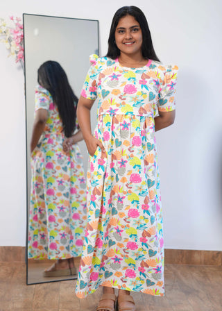 RADIANT FLORA | ZIPLESS MATERNITY MAXI-PUFF SLEEVES | FULL LENGTH MAXI