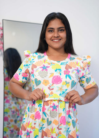 RADIANT FLORA | ZIPLESS MATERNITY MAXI-PUFF SLEEVES | FULL LENGTH MAXI