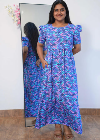 AQUA FANTASY | ZIPLESS MATERNITY MAXI-PUFF SLEEVES | FULL LENGTH MAXI