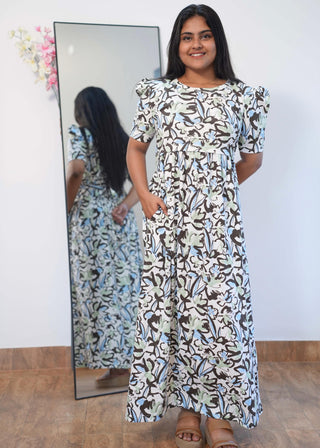 ABSTRACT PETAL | ZIPLESS MATERNITY MAXI-PUFF SLEEVES | FULL LENGTH MAXI