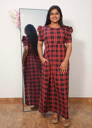 CHECKED | NON-FEEDING MAXI – PUFF SLEEVES | FULL LENGTH MAXI