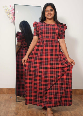 CHECKED | NON-FEEDING MAXI – PUFF SLEEVES | FULL LENGTH MAXI