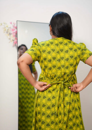 GREEN LEAFY RUFFLE | NON-FEEDING MAXI – PUFF SLEEVES | FULL LENGTH MAXI