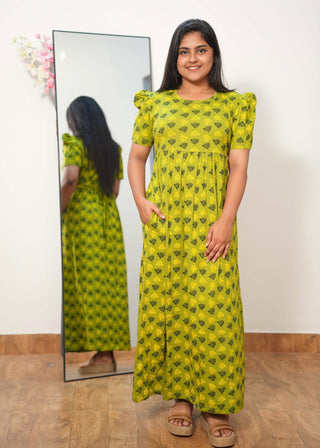 GREEN LEAFY RUFFLE | NON-FEEDING MAXI – PUFF SLEEVES | FULL LENGTH MAXI