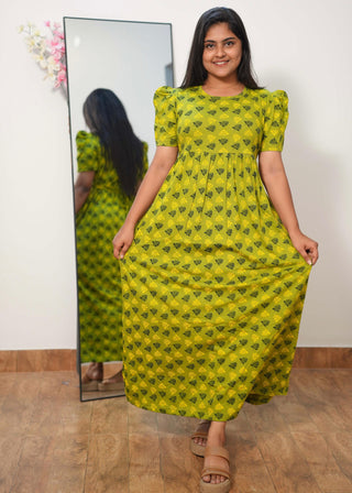 GREEN LEAFY RUFFLE | NON-FEEDING MAXI – PUFF SLEEVES | FULL LENGTH MAXI