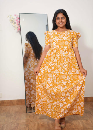 MARIGOLD MIRAGE | NON-FEEDING MAXI – PUFF SLEEVES | FULL LENGTH MAXI