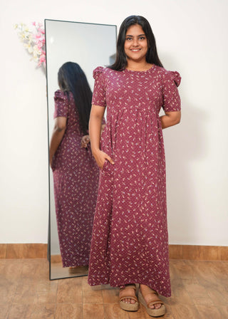 DARK MAROON TINY FLORA | NON-FEEDING MAXI – PUFF SLEEVES | FULL LENGTH MAXI