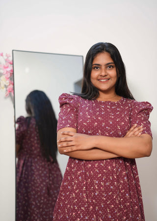 DARK MAROON TINY FLORA | NON-FEEDING MAXI – PUFF SLEEVES | FULL LENGTH MAXI