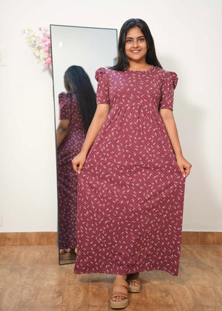 DARK MAROON TINY FLORA | NON-FEEDING MAXI – PUFF SLEEVES | FULL LENGTH MAXI