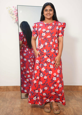RED WHITE FLORAL | NON-FEEDING MAXI – PUFF SLEEVES | FULL LENGTH MAXI