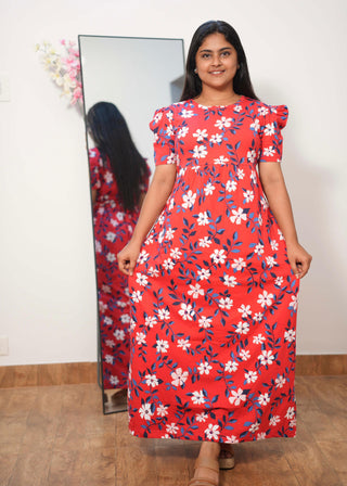 RED WHITE FLORAL | NON-FEEDING MAXI – PUFF SLEEVES | FULL LENGTH MAXI