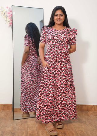 BLACK RED HEARTS | NON-FEEDING MAXI – PUFF SLEEVES | FULL LENGTH MAXI