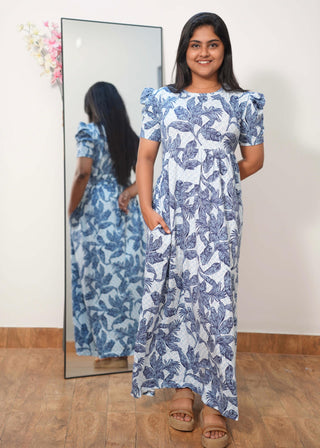 INDIGO GARDEN | NON-FEEDING MAXI –PUFF SLEEVES | FULL LENGTH MAXI