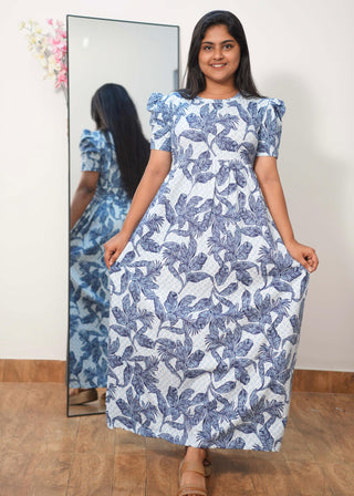 INDIGO GARDEN | NON-FEEDING MAXI –PUFF SLEEVES | FULL LENGTH MAXI