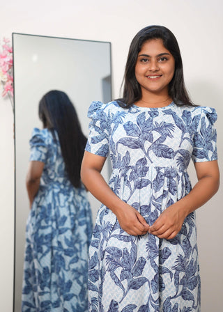 INDIGO GARDEN | NON-FEEDING MAXI –PUFF SLEEVES | FULL LENGTH MAXI