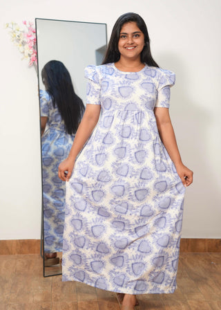 MISTY BLUE HEART | NON-FEEDING MAXI – PUFF SLEEVES | FULL LENGTH MAXI