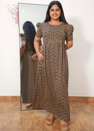 TAN MOSAIC | NON-FEEDING MAXI – PUFF SLEEVES | FULL LENGTH MAXI