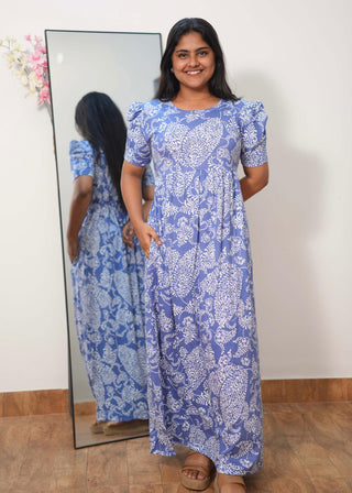 BLUE WILLOW | NON-FEEDING MAXI – PUFF SLEEVES | FULL LENGTH MAXI