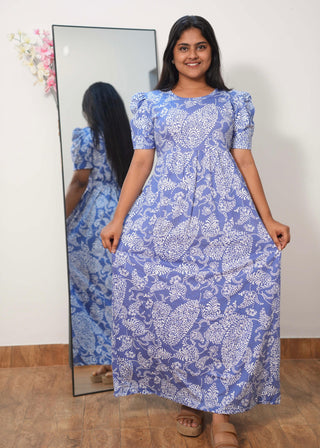 BLUE WILLOW | NON-FEEDING MAXI – PUFF SLEEVES | FULL LENGTH MAXI