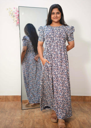 NAVY TINY GARDEN | NON-FEEDING MAXI – PUFF SLEEVES | FULL LENGTH MAXI