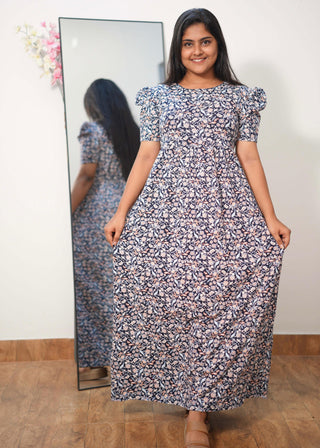 NAVY TINY GARDEN | NON-FEEDING MAXI – PUFF SLEEVES | FULL LENGTH MAXI