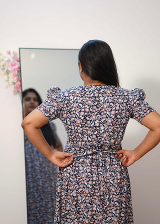 NAVY TINY GARDEN | NON-FEEDING MAXI – PUFF SLEEVES | FULL LENGTH MAXI