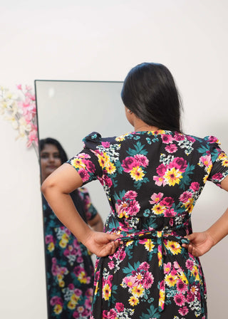 BLACK PINK FLORAL | NON-FEEDING MAXI – PUFF SLEEVES | FULL LENGTH MAXI