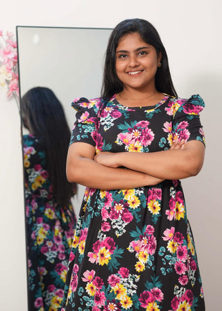 BLACK PINK FLORAL | NON-FEEDING MAXI – PUFF SLEEVES | FULL LENGTH MAXI